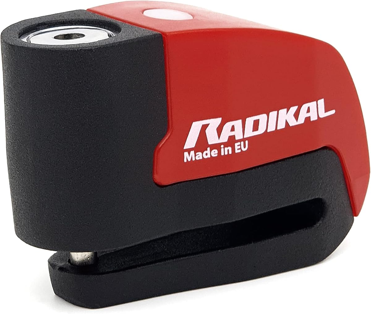Fotografía técnica oficial de RADIKAL RK6 Candado Moto Disco Alarma 120db, Boton ON, Warning Avisador, Módulo Remplazable - Vista frontal con fondo blanco