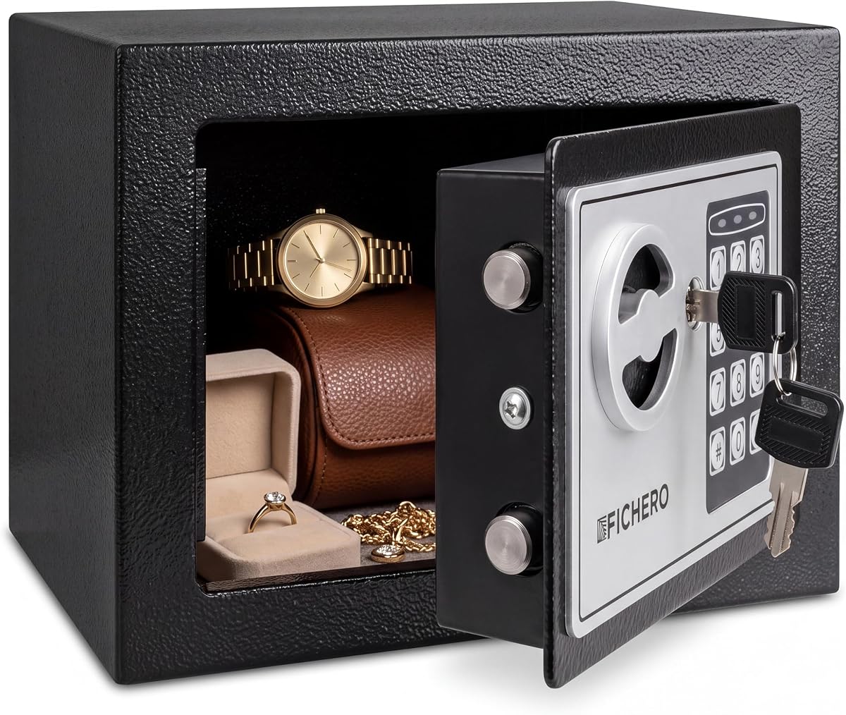 Fotografía técnica oficial de Silvergear® Caja Fuerte Pequeña con Código | 17x23x17cm | Negro | Cofre Electrónica - Vista frontal con fondo blanco