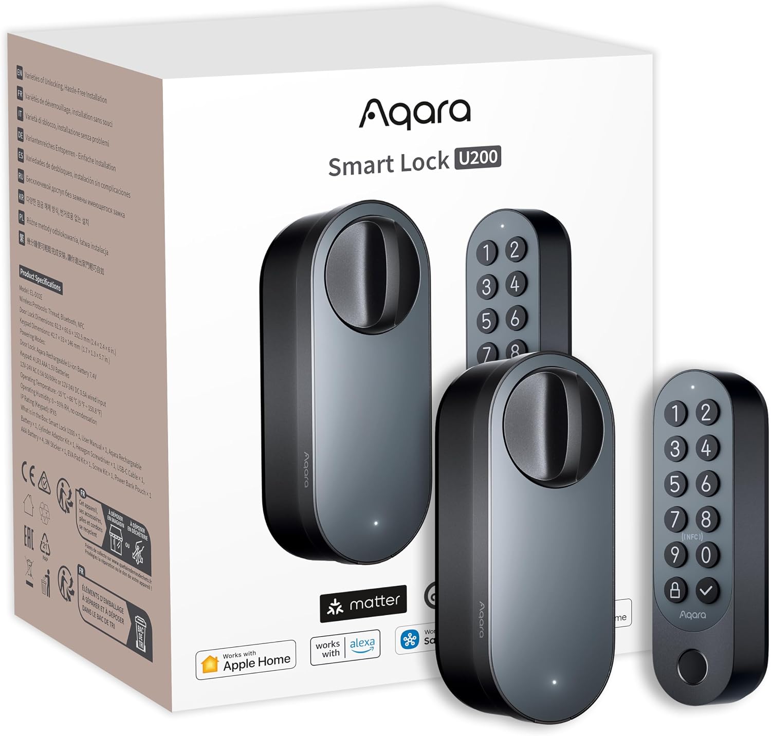 Fotografía técnica oficial de Aqara Smart Lock U200 con Teclado de Huella y Soporte Matter sobre Thread - Vista frontal con fondo blanco