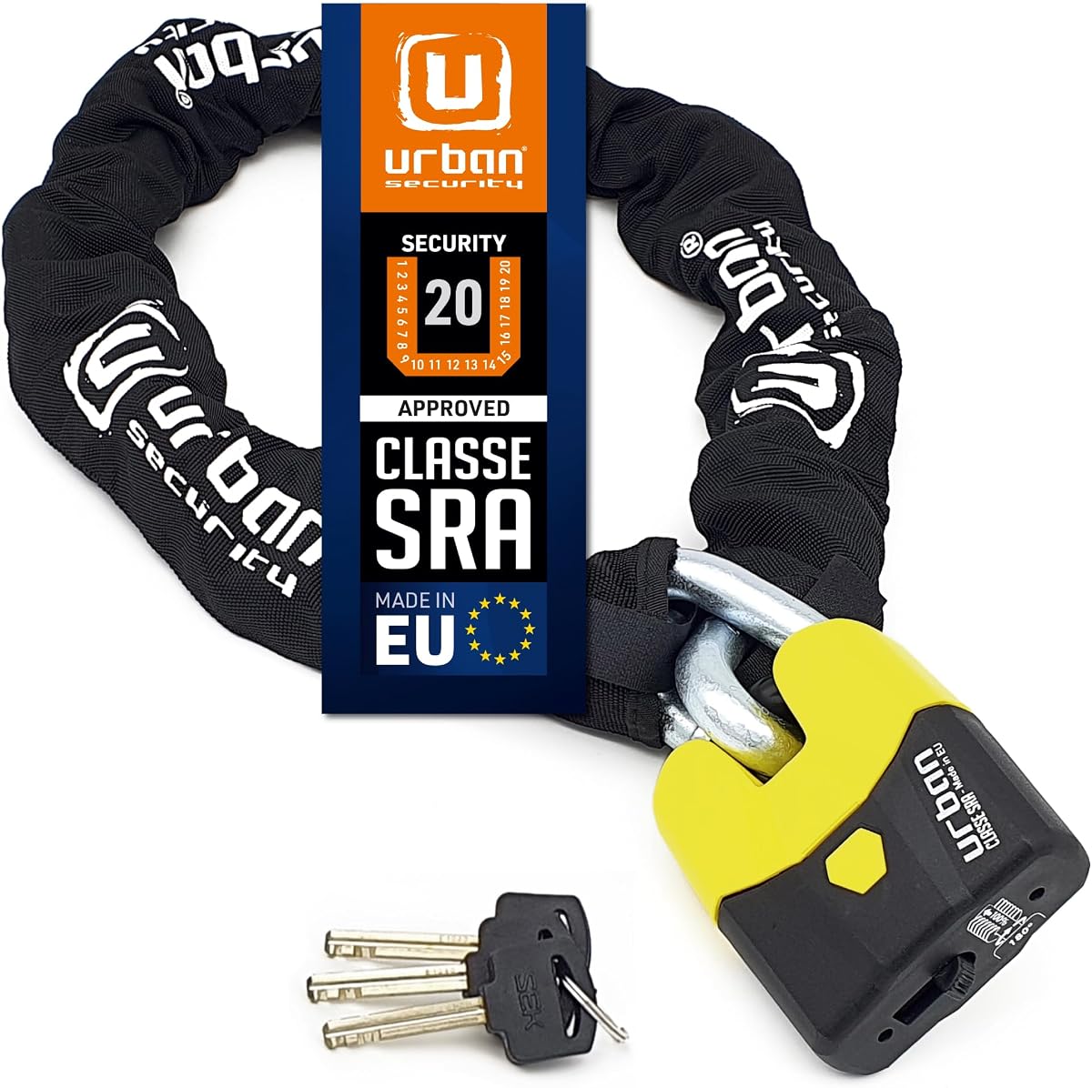 Ver especificaciones técnicas y precio actualizado de URBAN U8K120 Candado Moto Cadena Antirrobo, Homologación SRA Alta Seguridad, Acero Endurecido ø15 Fotografía técnica oficial de URBAN U8K120 Candado Moto Cadena Antirrobo, Homologación SRA Alta Seguridad, Acero Endurecido ø15 - Vista frontal con fondo blanco