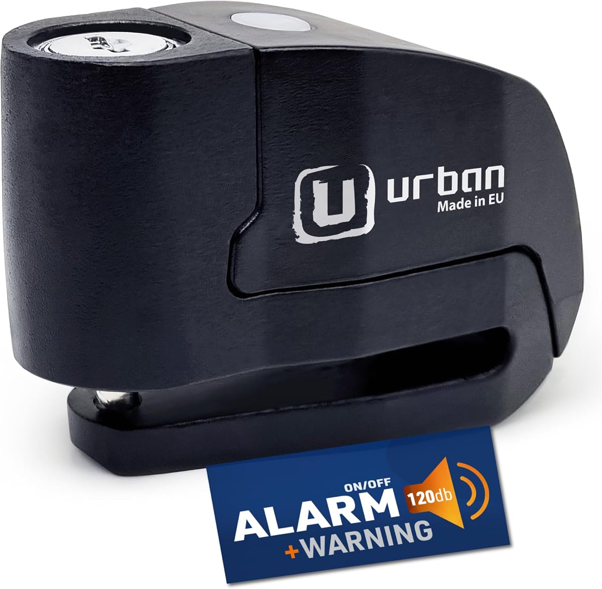 Fotografía técnica oficial de URBAN UR6 Candado Moto con Alarma Inteligente | Antirrobo Disco Más Eficaz - Vista frontal con fondo blanco