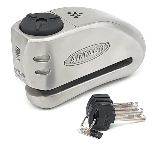 Ver especificaciones técnicas y precio actualizado de Artago 32S Candado Antirrobo Disco con Alarma 120dB y Sensor Homologado S.R.A. Fotografía técnica oficial de Artago 32S Candado Antirrobo Disco con Alarma 120dB y Sensor Homologado S.R.A. - Vista frontal con fondo blanco