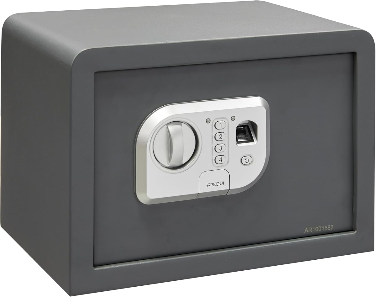Fotografía técnica oficial de ARREGUI Print 140520 Caja fuerte de acero con apertura electronica mediante huella dactilar - Vista frontal con fondo blanco