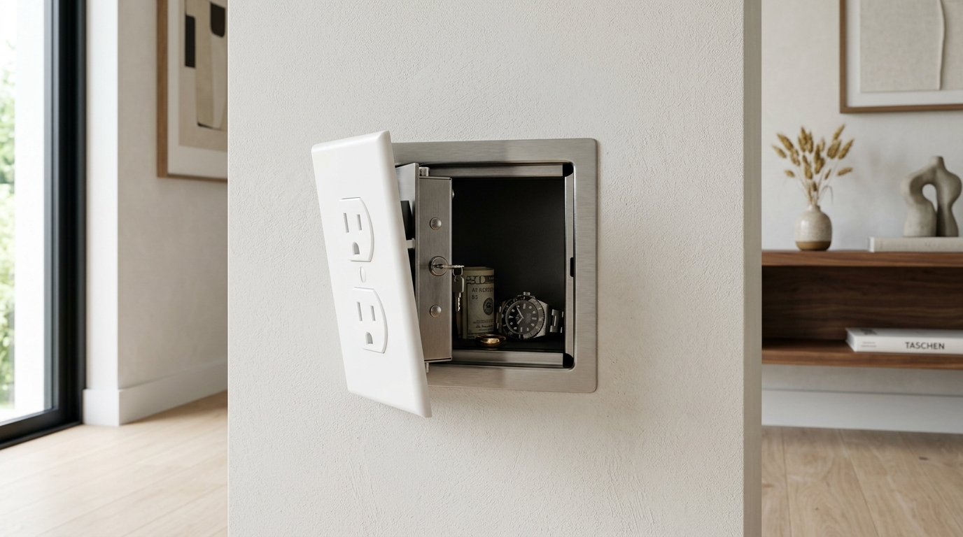 Caja fuerte invisible camuflada en pared detrás de un enchufe eléctrico