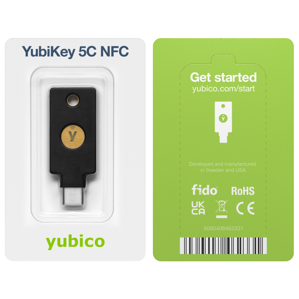 Llave de seguridad YubiKey 5 NFC con contactos dorados y chip FIDO2