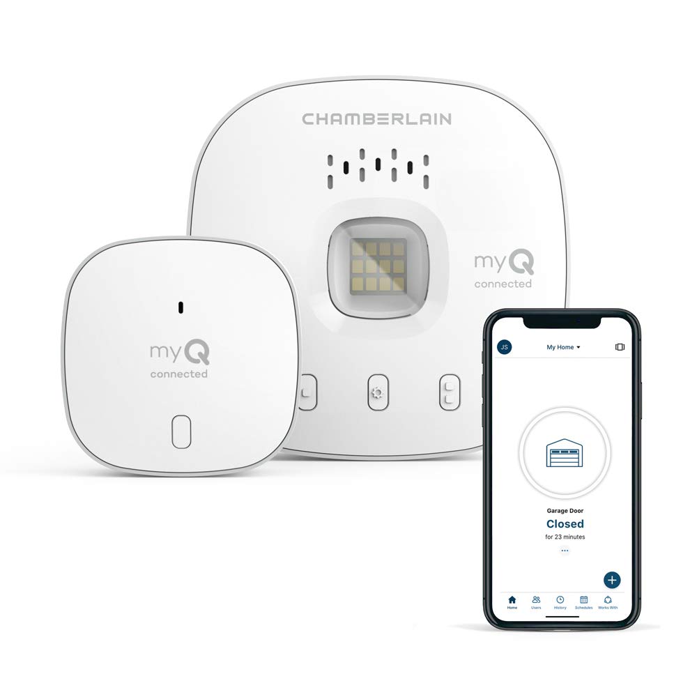 Fotografía técnica oficial de Chamberlain myQ Smart Garage Control Concentrador Wi-Fi para Puertas de Garaje - Vista frontal con fondo blanco