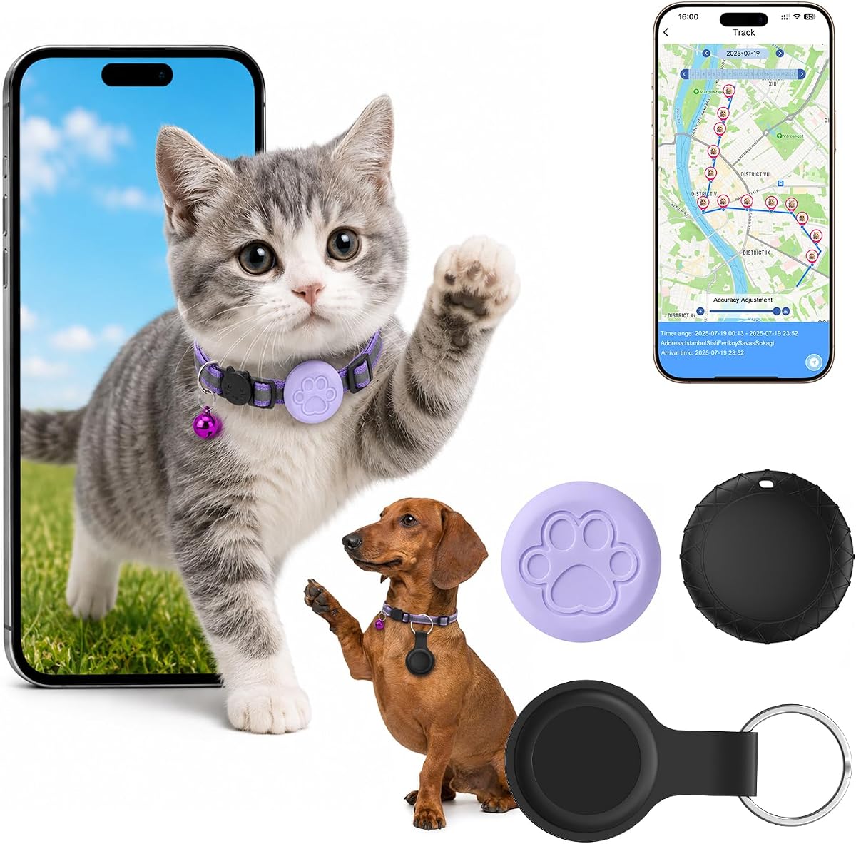 Fotografía técnica oficial de Localizador GPS Perros, GPS Gatos Sin Suscripción, Posicionamiento Global en Tiempo Real, Collar - Vista frontal con fondo blanco