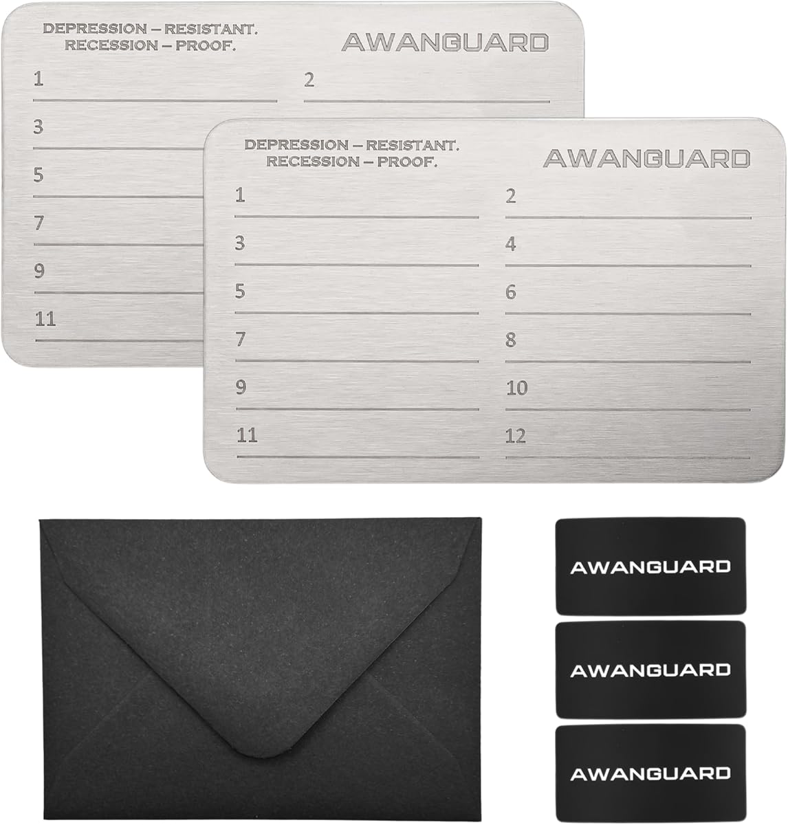 Fotografía técnica oficial de Monedero de Acero AWANGUARD Crypto - 2x24 SEED Phrase Placas de Acero Inoxidable - Vista frontal con fondo blanco