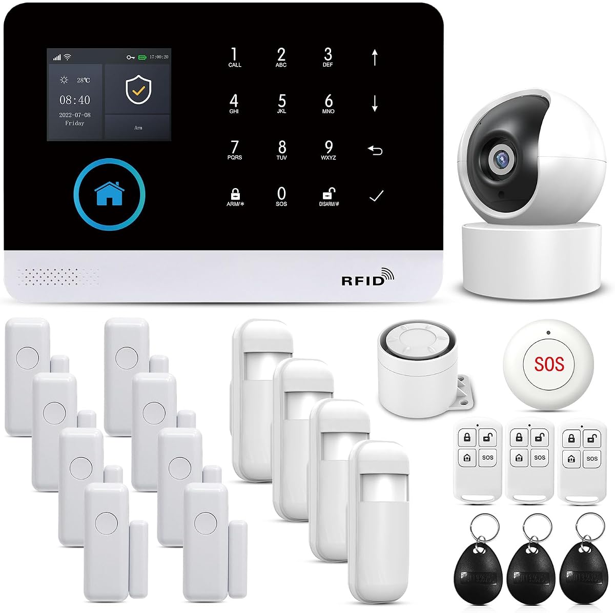 Ver especificaciones técnicas y precio actualizado de PGST Sistema de Alarma, Alarma doméstica inalámbrica gsm WiFi, con Cámara de Seguridad Fotografía técnica oficial de PGST Sistema de Alarma, Alarma doméstica inalámbrica gsm WiFi, con Cámara de Seguridad - Vista frontal con fondo blanco