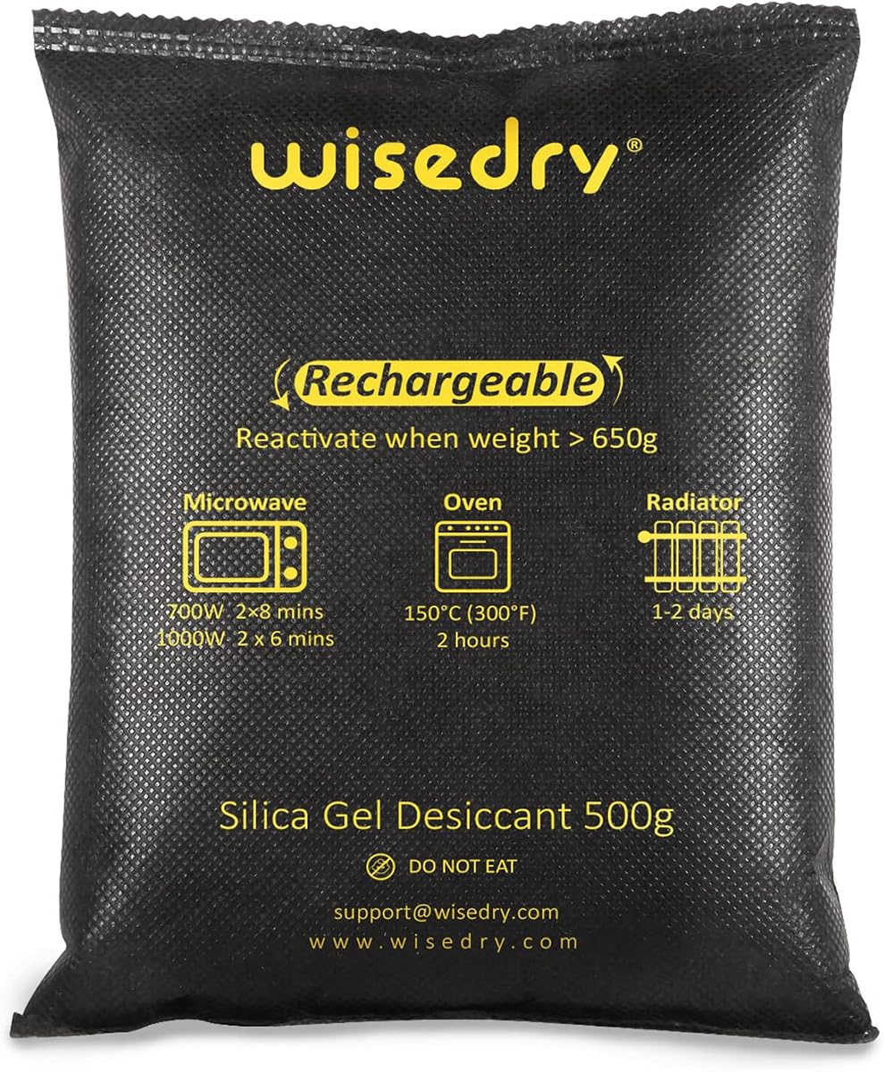 Fotografía técnica oficial de wisedry Paquetes de gel de sílice para deshumidificador, reutilizable, 1 kg bolsas desecantes - Vista frontal con fondo blanco