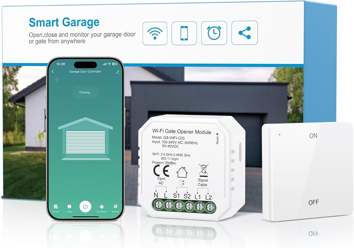 Ver especificaciones técnicas y precio actualizado de Maxcio Abridor de Puerta de Garaje Inteligente WiFi, Compatible con Alexa/Google Home, Control Fotografía técnica oficial de Maxcio Abridor de Puerta de Garaje Inteligente WiFi, Compatible con Alexa/Google Home, Control - Vista frontal con fondo blanco