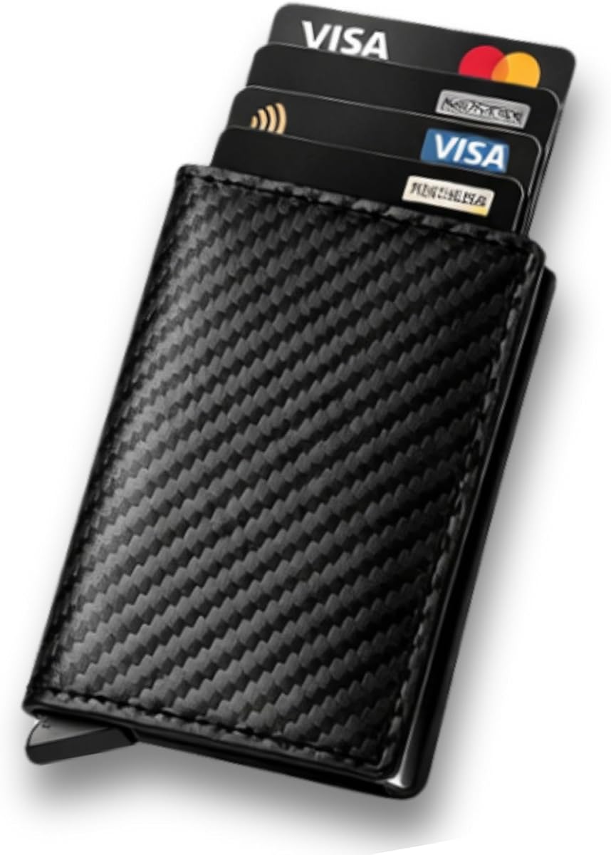 Ver especificaciones técnicas y precio actualizado de Cartera Minimalista Hombre RFID – Tarjetero Pop Up de Fibra de Carbono, Slim Fotografía técnica oficial de Cartera Minimalista Hombre RFID – Tarjetero Pop Up de Fibra de Carbono, Slim - Vista frontal con fondo blanco