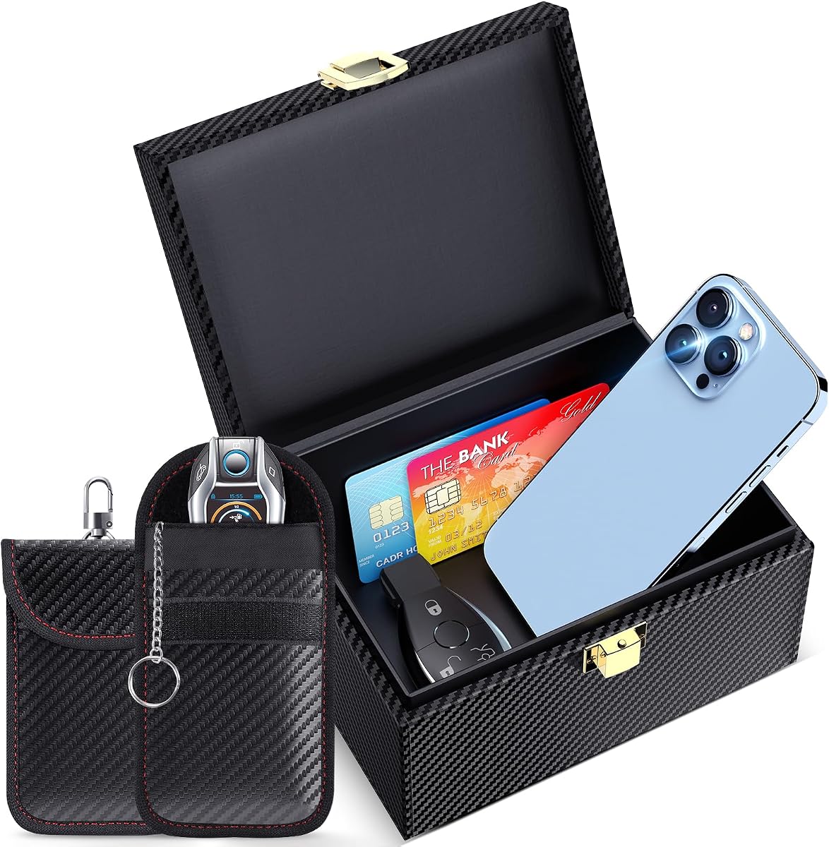Fotografía técnica oficial de Caja Faraday Antirrobo & 2 funda Faraday para Llaves de Coche, Bloqueadora - Vista frontal con fondo blanco