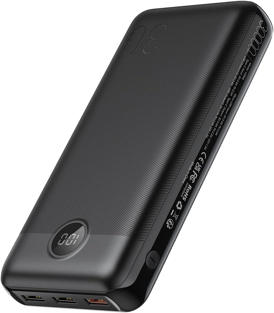 Fotografía técnica oficial de VEGER Batería Externa Carga Rápida 30000mAh, Power Bank 20W | con 4 Salidas - Vista frontal con fondo blanco