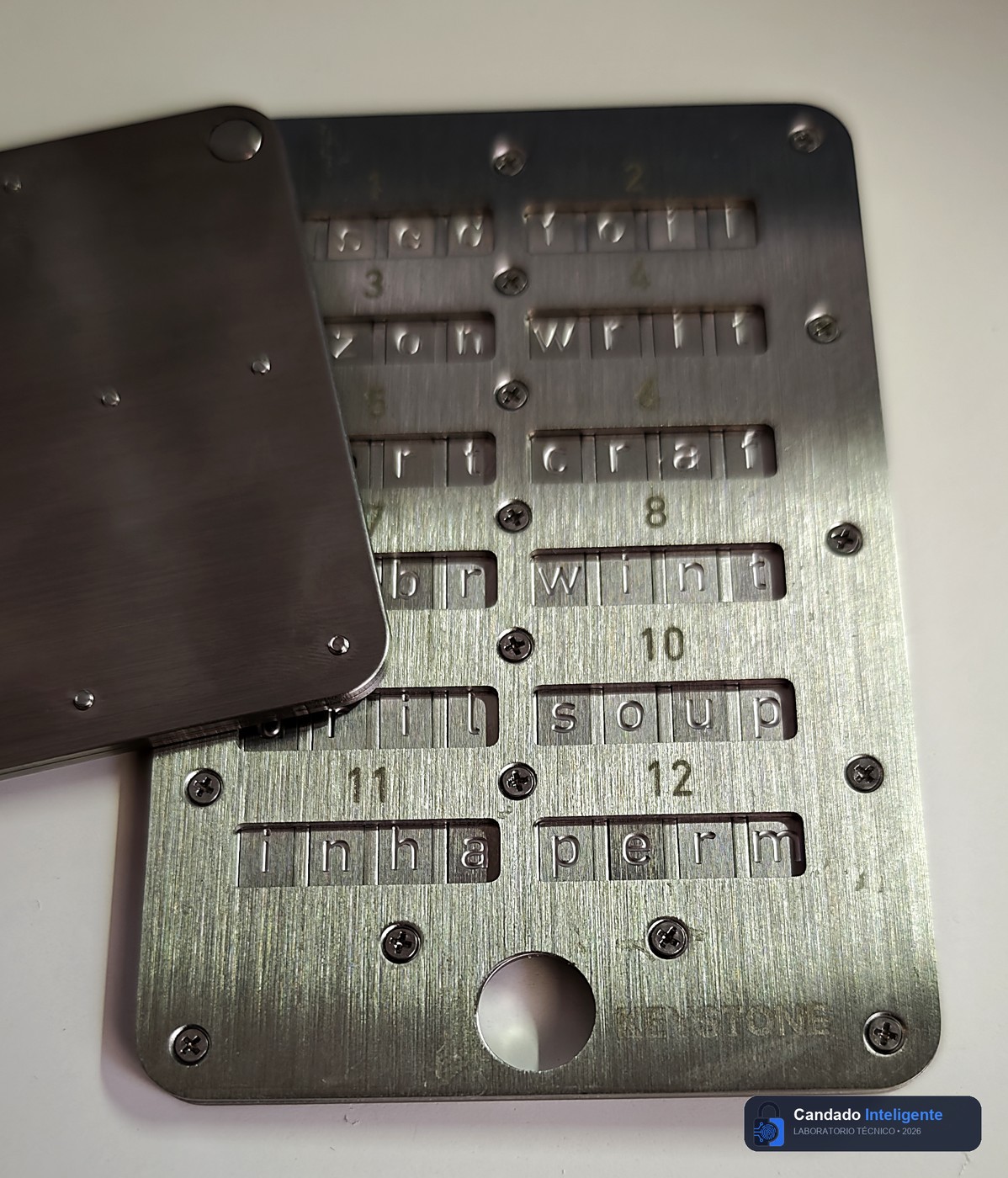 Montaje real en el banco de pruebas de Keystone Tablet Plus con letras de acero inoxidable AISI 304 deslizadas en sus guías y placa cobertora pivotante