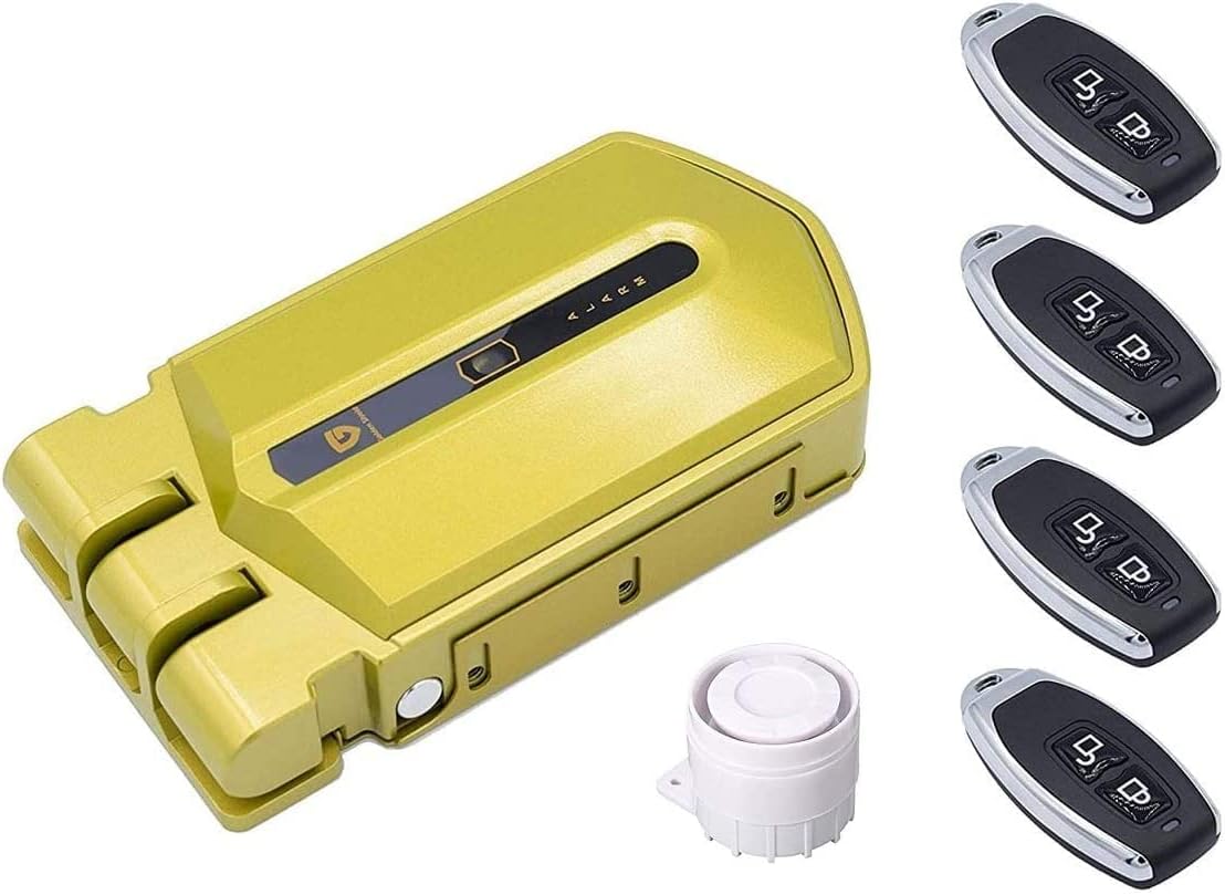 Ver especificaciones técnicas y precio actualizado de Cerradura Invisible inteligente con alarma - Golden Shield Alarm 120db 4 mandos incopiables Fotografía técnica oficial de Cerradura Invisible inteligente con alarma - Golden Shield Alarm 120db 4 mandos incopiables - Vista frontal con fondo blanco