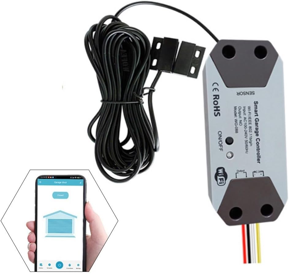 Fotografía técnica oficial de Abridor de garaje inteligente WiFi para TUYA 12-24V con sensor magnético para monitoreo - Vista frontal con fondo blanco