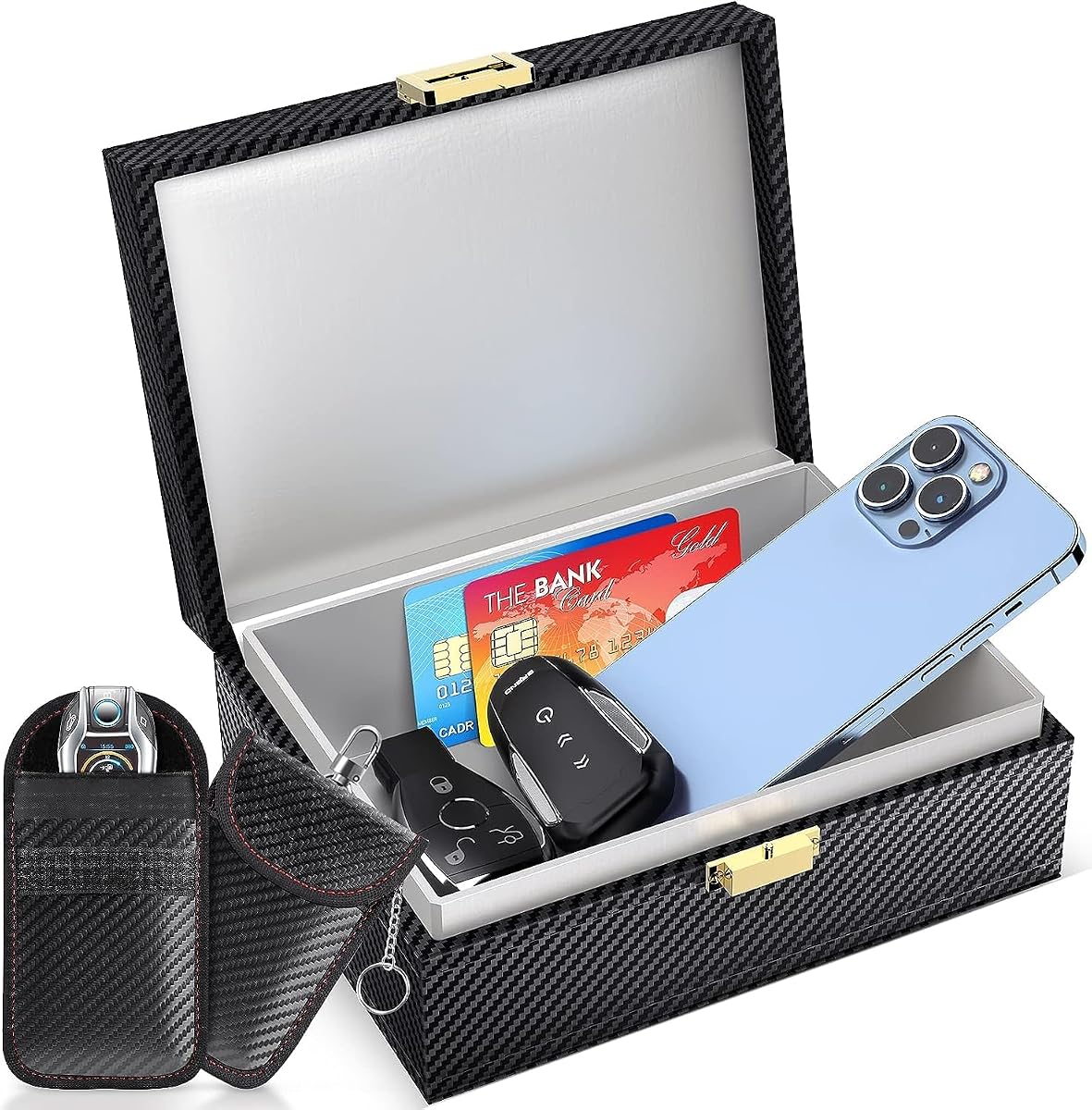 Ver especificaciones técnicas y precio actualizado de lanpard Caja Faraday Antirrobo & 2 funda Faraday para Llaves de Coche, Bloqueadora Fotografía técnica oficial de lanpard Caja Faraday Antirrobo & 2 funda Faraday para Llaves de Coche, Bloqueadora - Vista frontal con fondo blanco