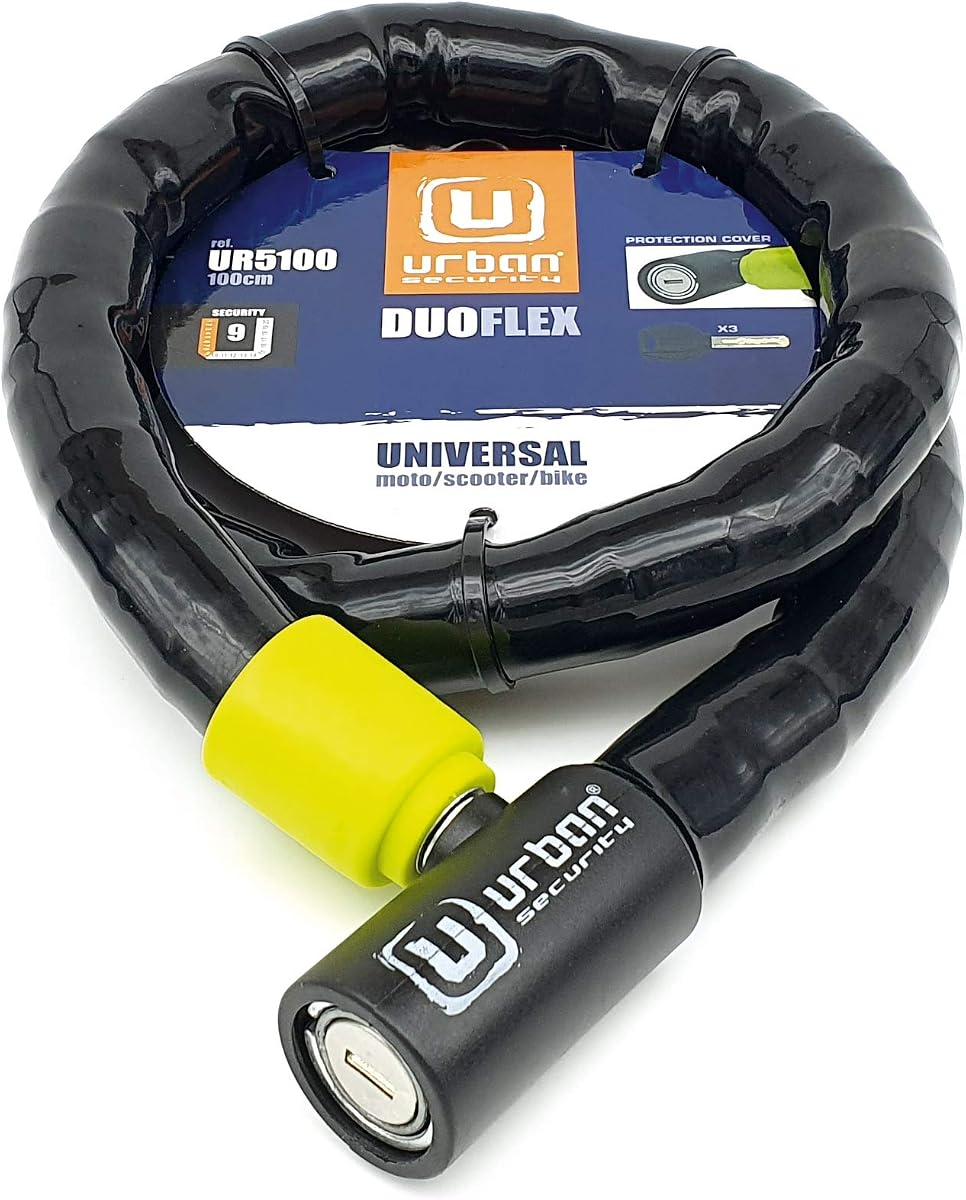 Ver especificaciones técnicas y precio actualizado de URBAN UR5100 Candado Moto y Bicicleta, Cable de Acero Reforzado con Blindaje Articulado Fotografía técnica oficial de URBAN UR5100 Candado Moto y Bicicleta, Cable de Acero Reforzado con Blindaje Articulado - Vista frontal con fondo blanco