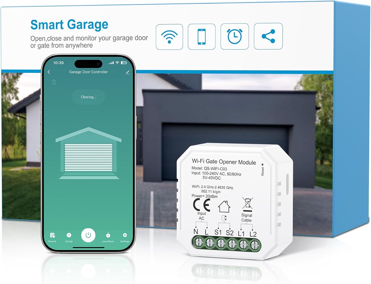 Fotografía técnica oficial de Maxcio Abridor de Puerta de Garaje Inteligente WiFi, Compatible con Alexa/Google Home, Control - Vista frontal con fondo blanco