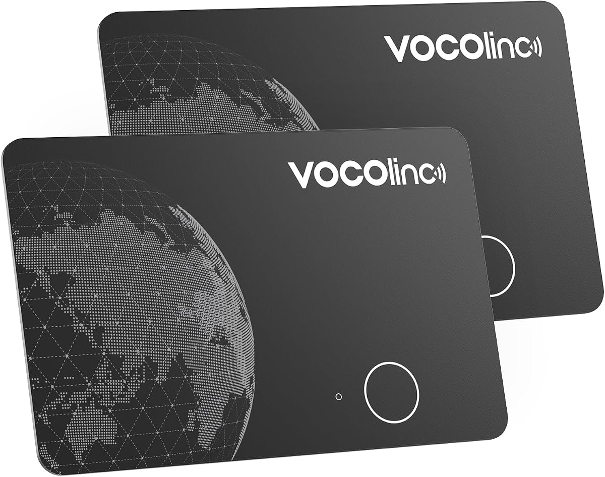 Fotografía técnica oficial de VOCOlinc Android Air Tag Card 2 Pack, Recargable Wallet Tracker Tarjeta 1.6mm Compatible - Vista frontal con fondo blanco