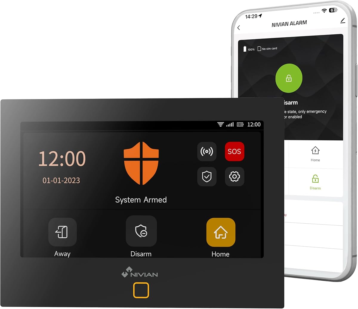 Fotografía técnica oficial de Sistema de Alarma WiFi + gsm Nivian NVS-TOUCHALARM-W | Seguridad para Hogar - Vista frontal con fondo blanco