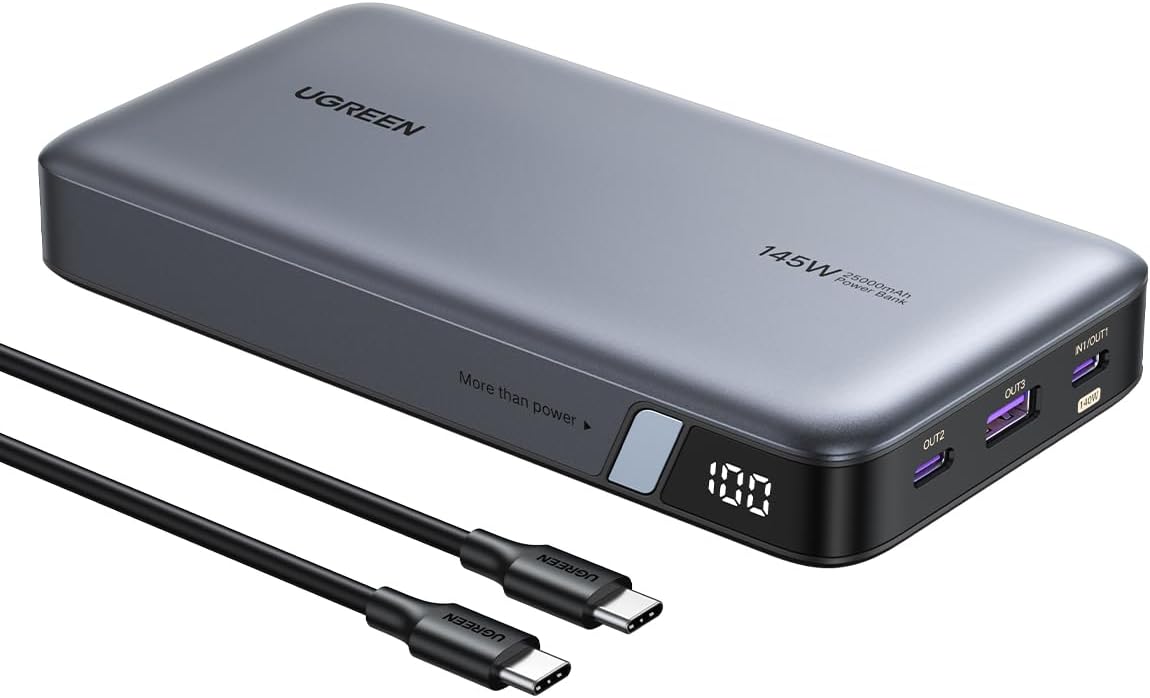 Ver especificaciones técnicas y precio actualizado de UGREEN Nexode 145W Power Bank 25000mAh Batería Externa USB C PD3.1 140W Fotografía técnica oficial de UGREEN Nexode 145W Power Bank 25000mAh Batería Externa USB C PD3.1 140W - Vista frontal con fondo blanco