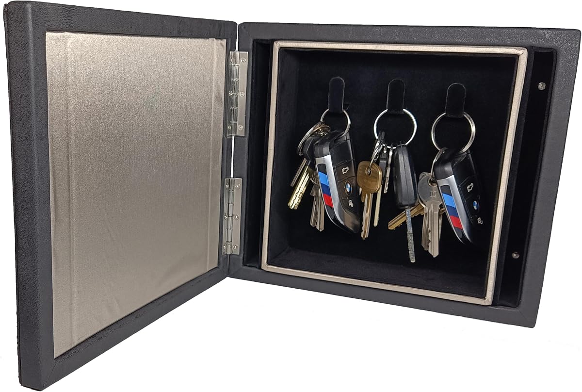 Fotografía técnica oficial de Caja de bloqueo de señal para llaves de coche, bloqueador de señal RFID - Vista frontal con fondo blanco