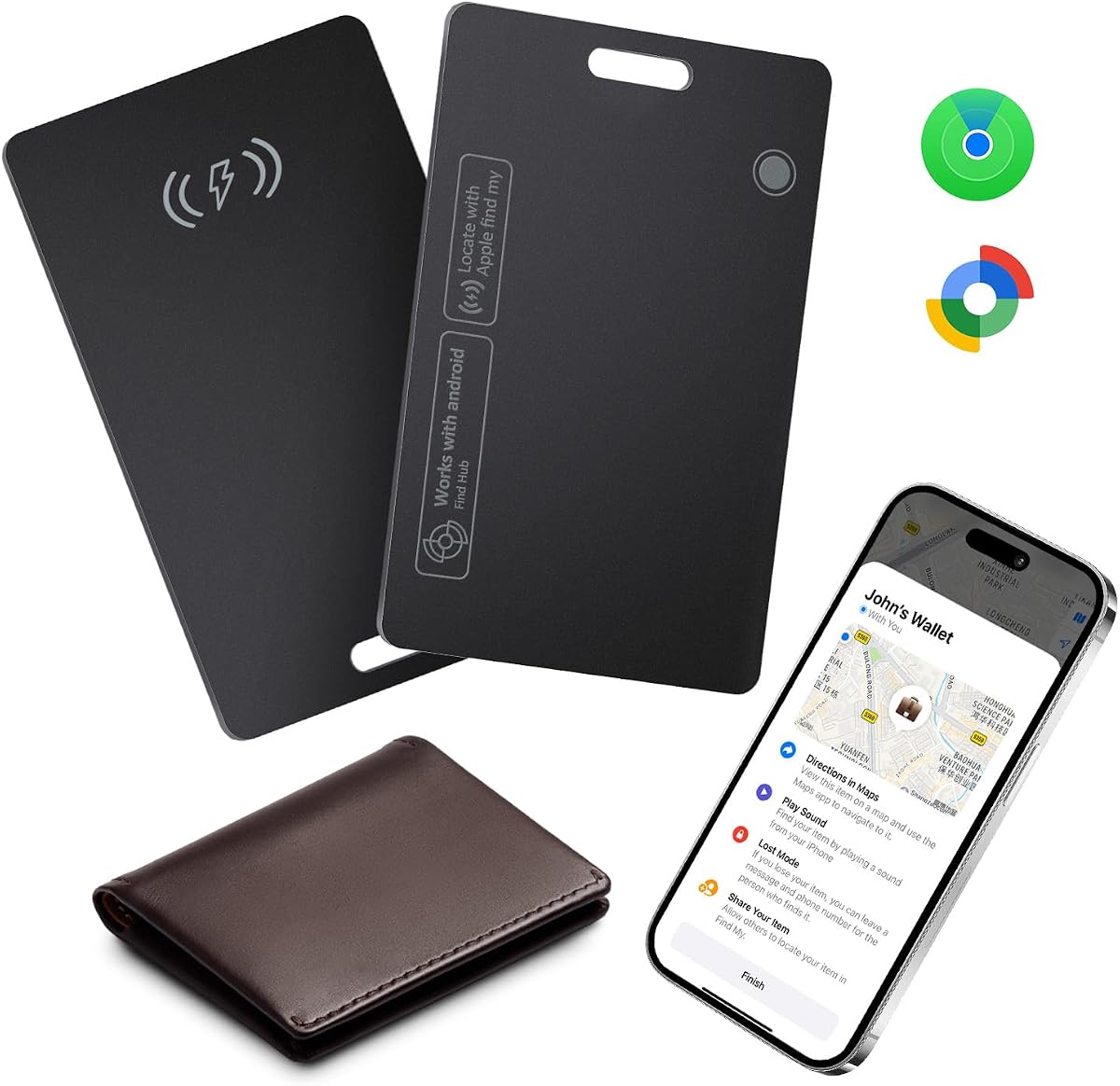 Fotografía técnica oficial de Tarjeta Rastreador para Apple y Android, Recargable Tarjeta de Localizador de Billetera Trabajar - Vista frontal con fondo blanco