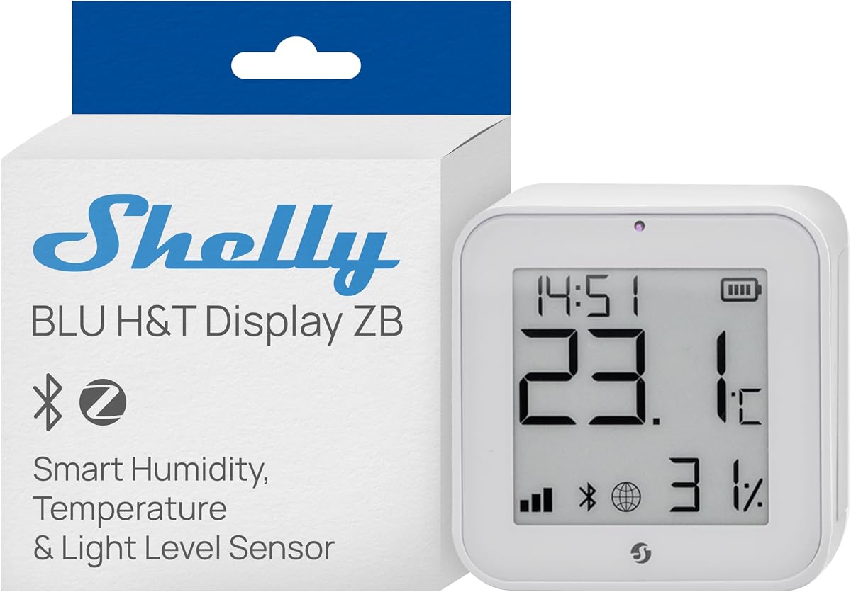Fotografía técnica oficial de Shelly BLU H&T Display ZB Blanco – Sensor de temperatura y humedad inteligente - Vista frontal con fondo blanco