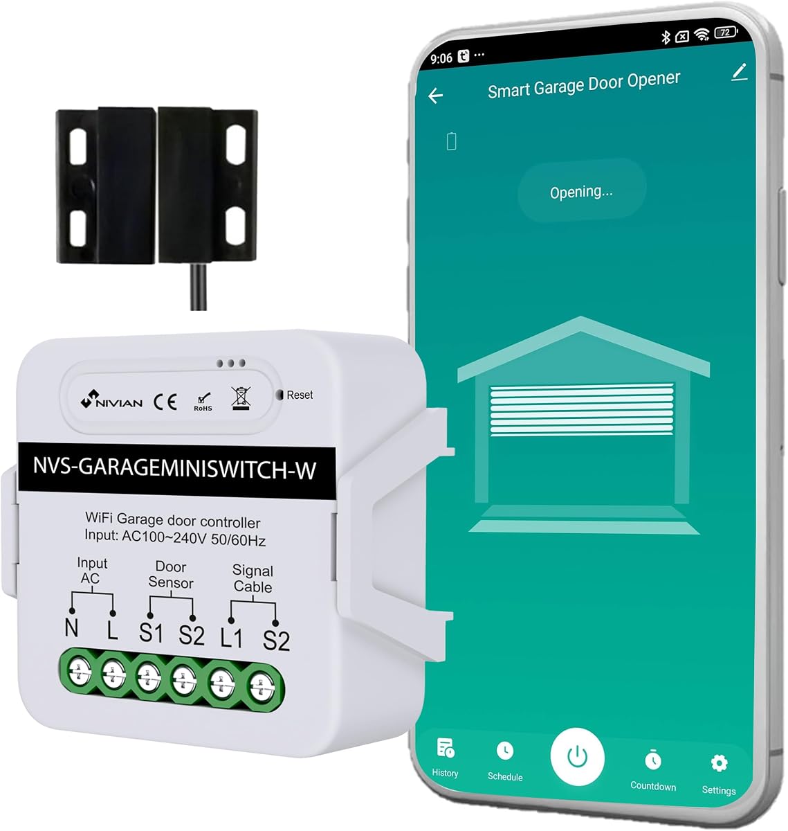 Fotografía técnica oficial de NIVIAN Abridor puerta garaje WiFi Controlador inteligente para motor de Puerta de Garaje - Vista frontal con fondo blanco