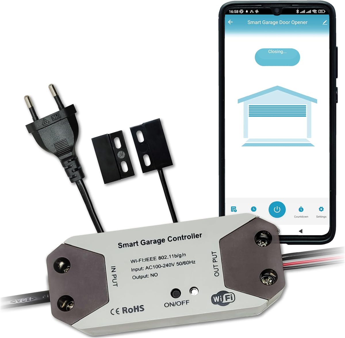 Fotografía técnica oficial de LED ATOMANT Controlador WiFi Puertas de Garaje App Smart Life | Control remoto - Vista frontal con fondo blanco