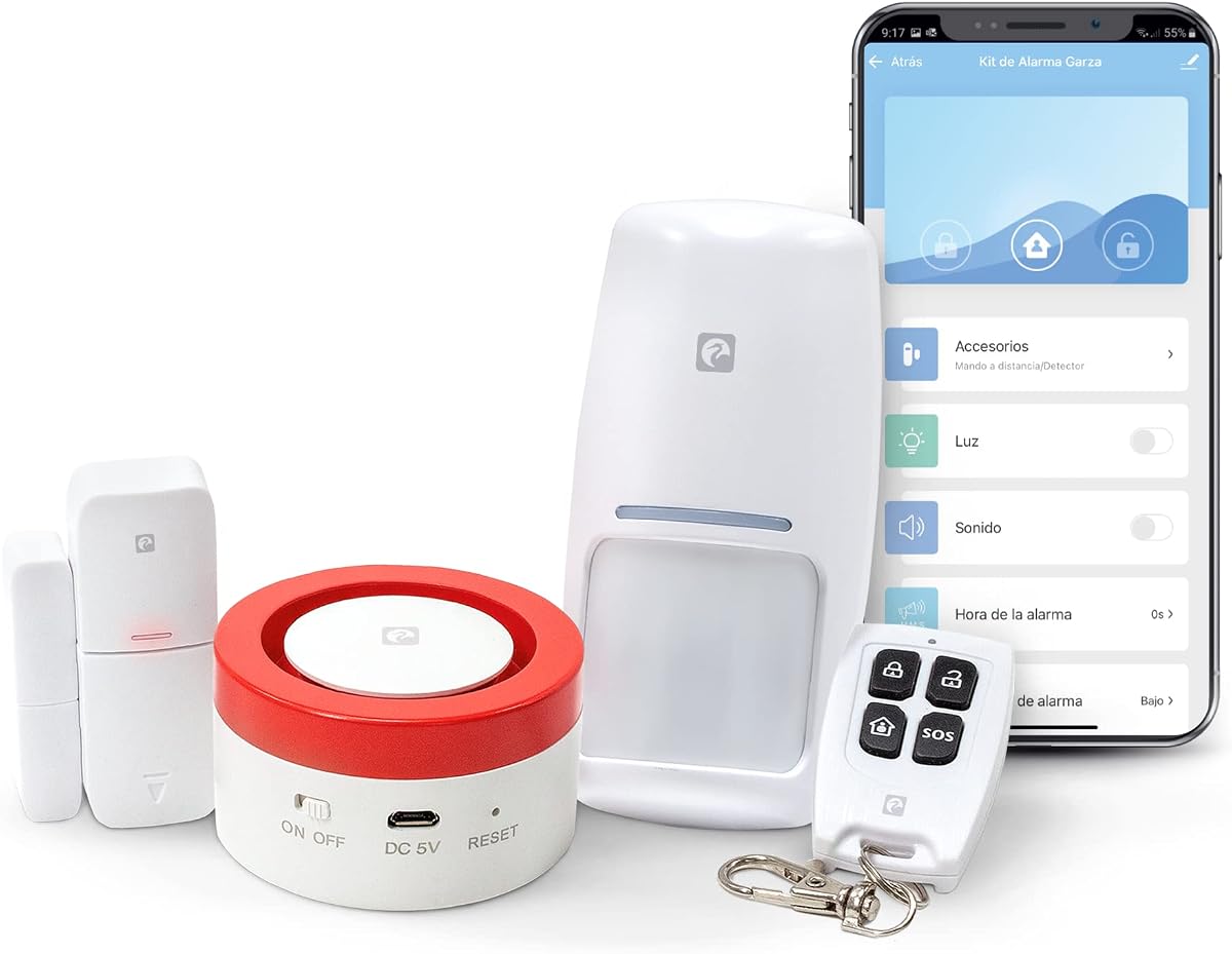 Fotografía técnica oficial de Garza Smart - Kit Sistema de Alarma Inteligente Wifi para el hogar, Sirena - Vista frontal con fondo blanco