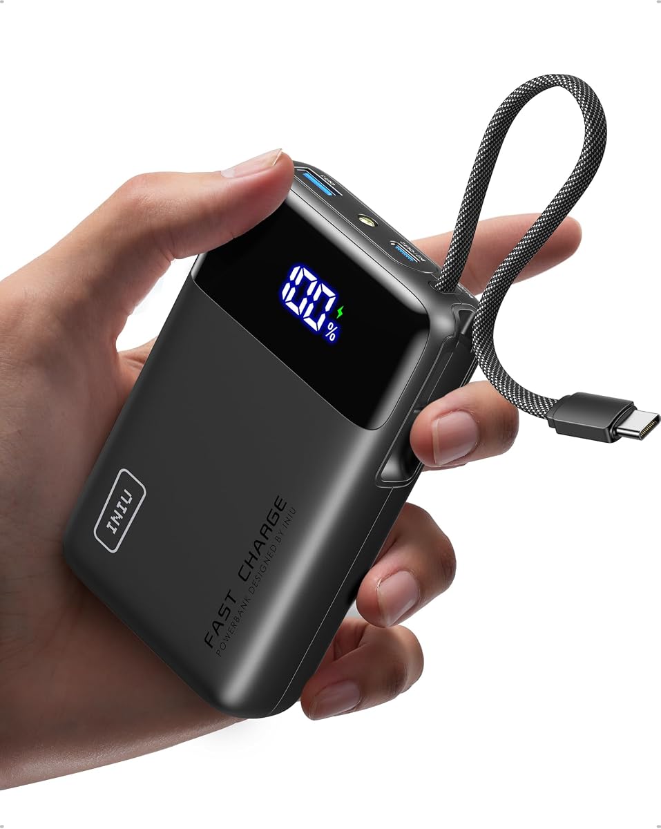 Fotografía técnica oficial de INIU Power Bank, Pequeño 20000mAh 45W Carga Rapida Travel Batería Externa | Cable - Vista frontal con fondo blanco