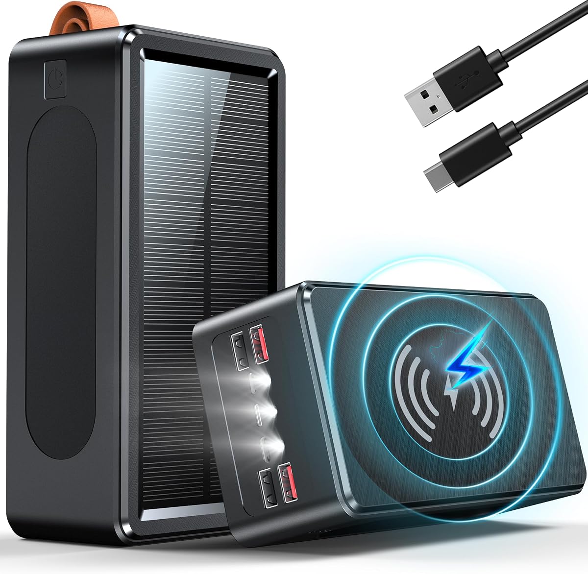 Fotografía técnica oficial de 90000mAh Solar Power Bank con Carga Inalámbrica 35W PD Batería Externa de Gran - Vista frontal con fondo blanco