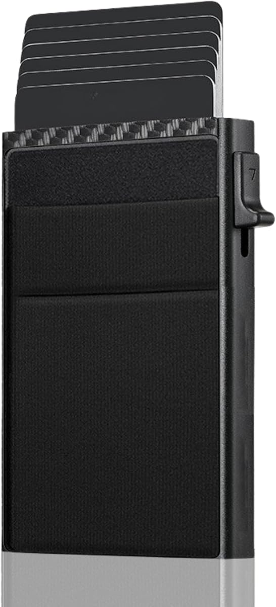 Ver especificaciones técnicas y precio actualizado de Tarjetero Hombre Fibra de Carbono con Bloqueo RFID, Tarjetero Metálico Automático Carbono, Porta Fotografía técnica oficial de Tarjetero Hombre Fibra de Carbono con Bloqueo RFID, Tarjetero Metálico Automático Carbono, Porta - Vista frontal con fondo blanco