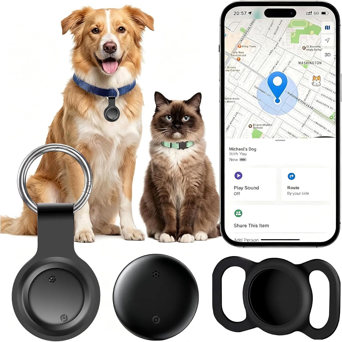 Fotografía técnica oficial de Collar GPS Gatos, Localizador GPS Perros Posicionamiento Global en Tiempo Real, GPS Perros/Gatos - Vista frontal con fondo blanco