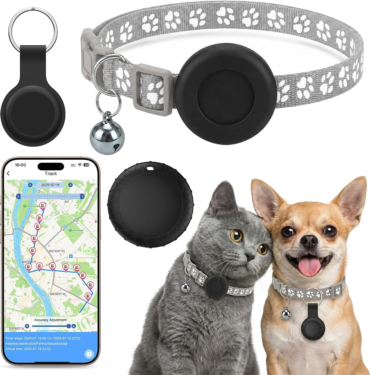 Fotografía técnica oficial de GPS Perros, Localizador GPS Gatos Compatible con Sistemas iOS y Android, GPS Perros/Gatos - Vista frontal con fondo blanco