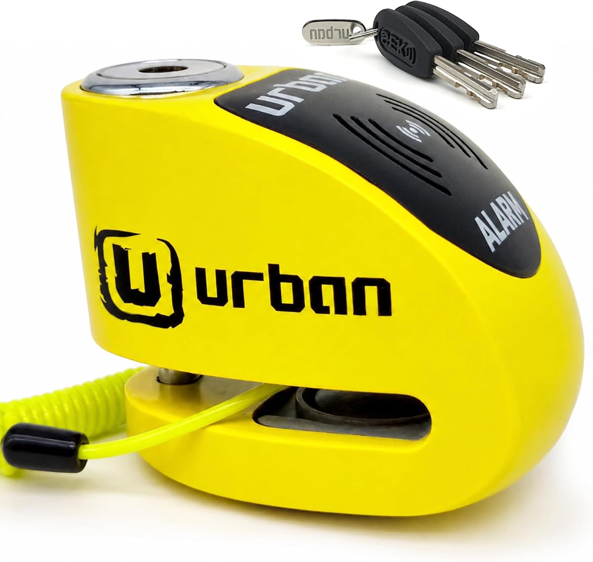 Ver especificaciones técnicas y precio actualizado de URBAN UR906Y Candado Moto Disco Alarma 120dB Hi-Tech X2 ON, Remplazable Impermeable, Pila Fotografía técnica oficial de URBAN UR906Y Candado Moto Disco Alarma 120dB Hi-Tech X2 ON, Remplazable Impermeable, Pila - Vista frontal con fondo blanco